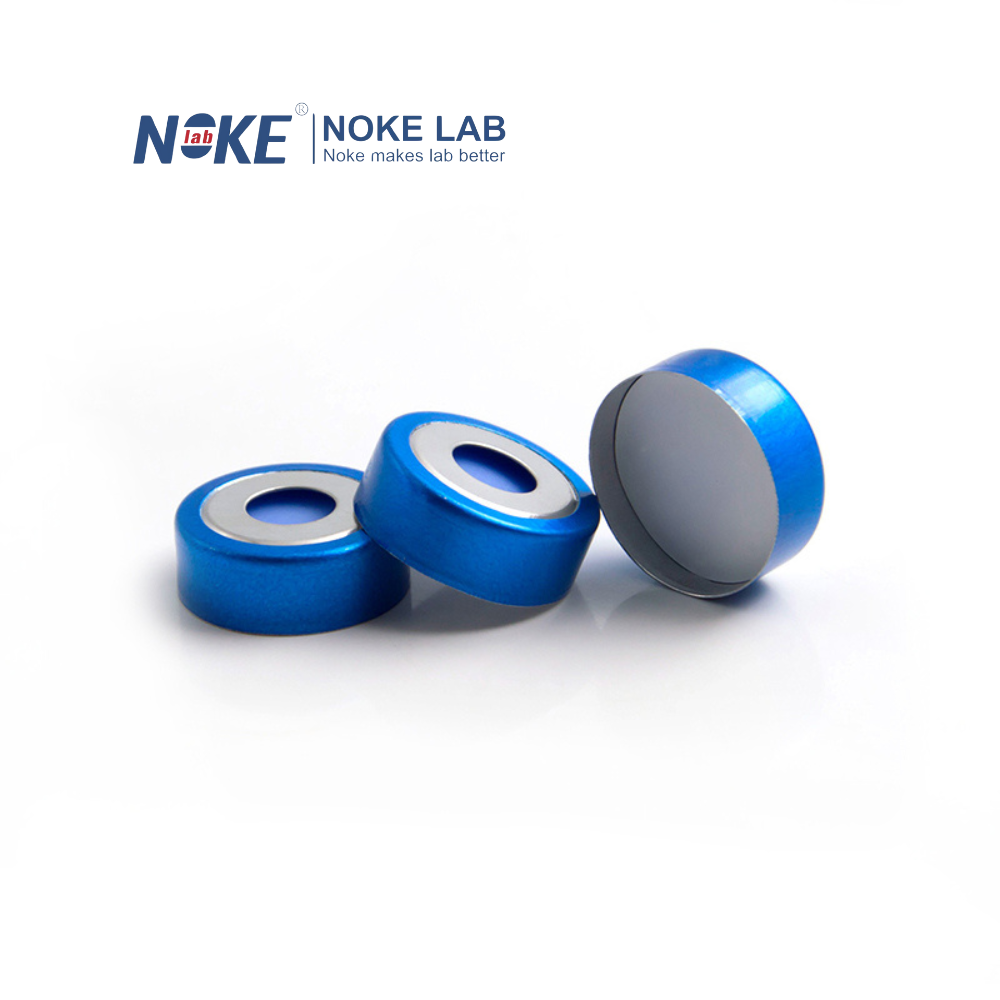 20 mm blue bimetal magnetic crimp cap with white PTFE/blue silicone septa for headspace vials