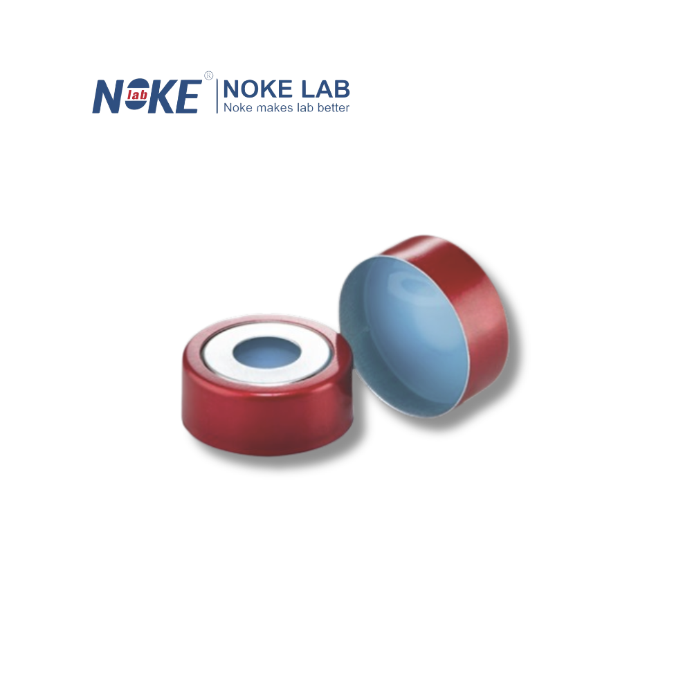 20 mm red bimetal magnetic crimp cap with UltraClean transparent PTFE/blue silicone septa for headspace vials