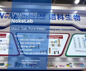 NokeLab exhibiting HPLC vials, syringe filters, and SPE columns at CPHI 2025