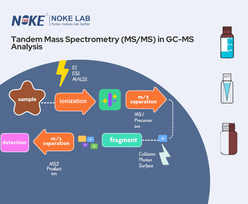 Tandem Mass Spectrometry MS/MS process in GC-MS analysis flowchart showing gas chromatography, ionization, mass analyzer, and mass spectrum