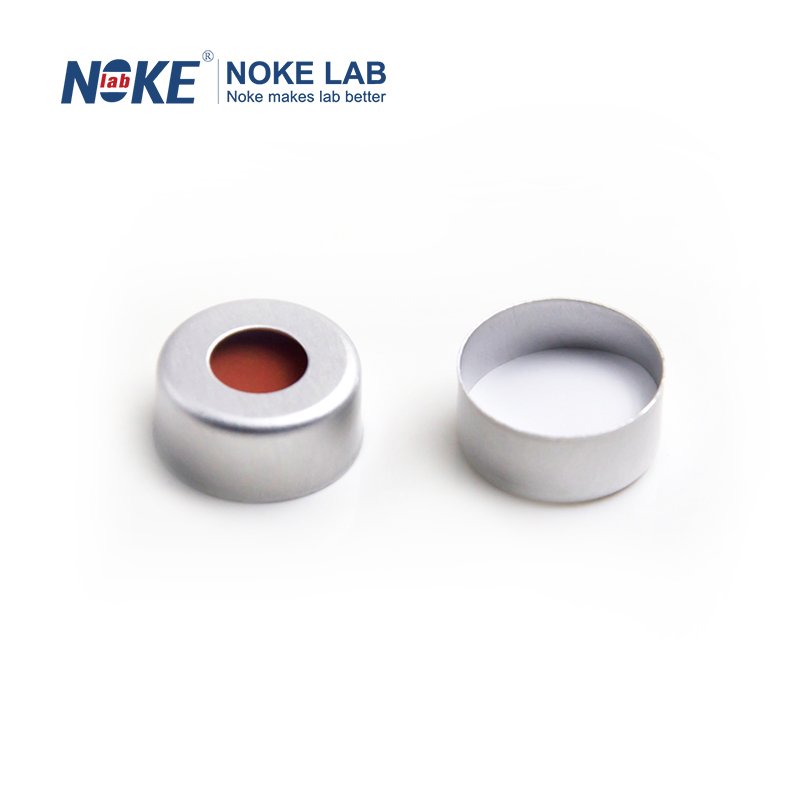 NKSSCC-11-A, 11mm Sliver Crimp-top Aluminum Cap, 5.5mm Centre Hole, White PTFE/Red Silicone Septa