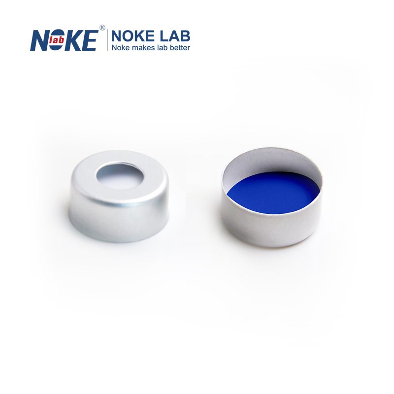NKSSCC-11-F, 11mm Sliver Crimp-top Aluminum Cap, 5.5mm Centre Hole, Blue PTFE/White Silicone