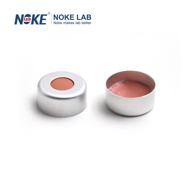 NKSSCC-11-R, 11mm Sliver Crimp-top Aluminum Cap, 5.5mm Centre Hole, Transparent PTFE/Red Natural Rubber NKSSCC-11-R, 11mm Sliver Crimp-top Aluminum Cap, 5.5mm Centre Hole, Transparent PTFE/Red Natural Rubber