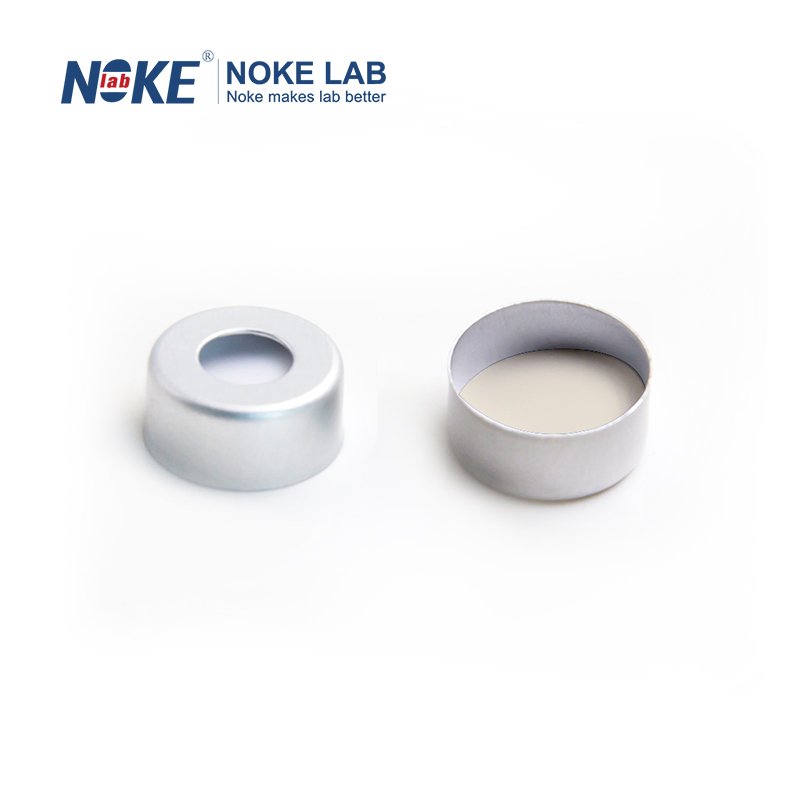 NKSSCC-11-S, 11mm Sliver Crimp-top Aluminum Cap, 5.5mm Centre Hole, Natural PTFE/White Silicone