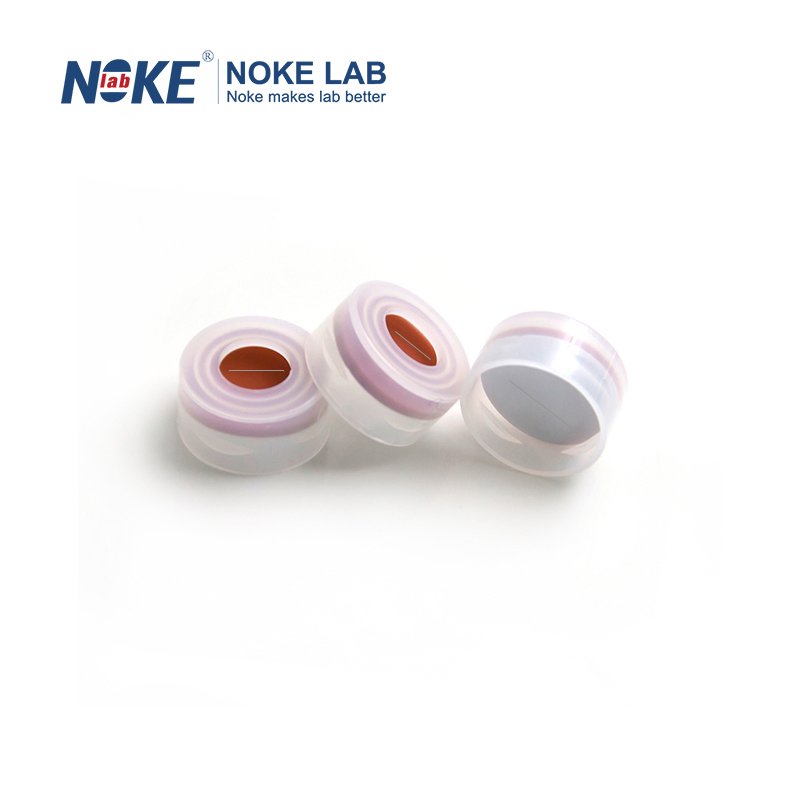 NKSSNC-11-A-P, 11mm PE Snap Cap, 6mm Centre Hole, Pre-slit White PTFE/Red Silicone Septa