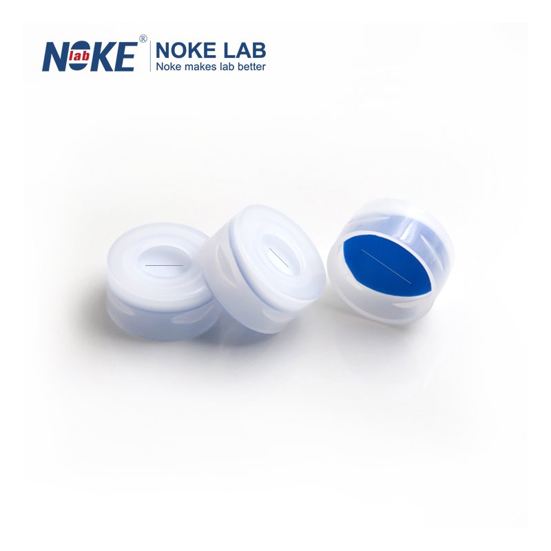 NKSSNC-11-F-P, 11mm PE Snap Cap, 6mm Centre Hole, Pre-slit Blue PTFE/White Silicone Septa